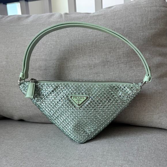 PRADA Triangle Aqua Crystal Embellished Leather Handbag Green Logo Shoulder Bag - Picture 1 of 8
